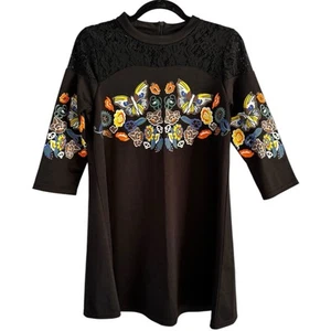 Black Knee Length Colorful Butterfly Floral Print 3/4 Sleeve Shift Dress Medium  - Picture 1 of 6