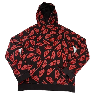 Nike All Over Print Hoodie Youth Sz XL Black Red Swoosh Graphic Fleece Pullover - Picture 1 of 9