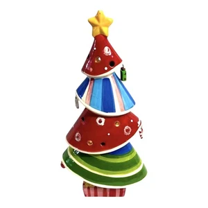Árbol de Navidad de cerámica 4 niveles rayas asimétricas/joyas con adornos 12,5" H - Imagen 1 de 5