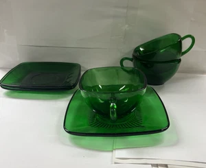 (3) Anchor Hocking Fire King 1960sForest Green Charm Square Cup & Saucer Set - Picture 1 of 17