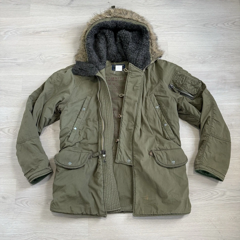 Vtg Abercrombie Fitch Parka Green Army Military Sherpa Jacket Lined Fur Hood - Image 1 of 4