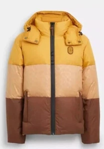 Coach Men's Colorblock Down Jacket Yellow Brown Puffer XL $650 - Picture 1 of 5