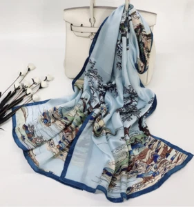 100% Silk Scarf Women neckerchief large Shawl Wrap floral blue brown gray CX6-88 - Picture 1 of 1