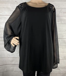 Blusa Roz & Ali Talla Grande 2X Negra Sólida Encaje Hombros Mangas Transparentes Elástica - Imagen 1 de 12