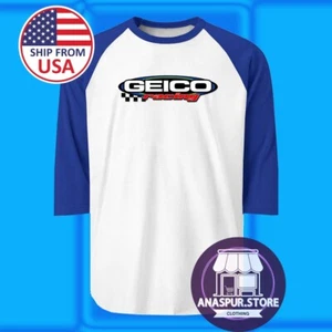 Geico Racing Car Motorcycle Men's Raglan Blue Size S-2XL - Picture 1 of 1