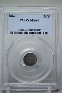 1862 Silver Three Cent 3C PCGS MS4 #0105 - Picture 1 of 4