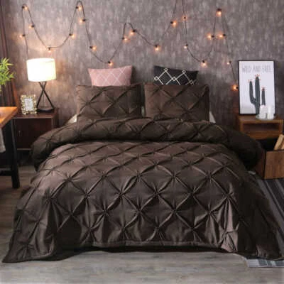 3 Piece Bedding Set Pinch Pleated Quilt Duvet Cover Pillowcase Double Sided Grey - Image 1 of 4
