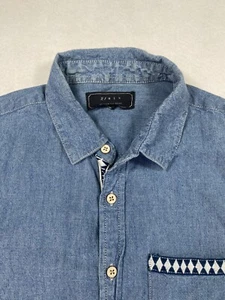 21 Mens Button Down Shirt Blue Denim XS SS Sleeve & Pocket Geo Trim - Picture 1 of 12