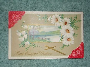 Vintage Postkarte Beste Osterwünsche, Frühling Seeszene, weiße Blumen - Bild 1 von 2