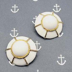 White Enamel & Metal Nautical Life Preserver Rope Lines Clip On Costume Earrings - Picture 1 of 21