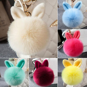Women Faux Fur Pompom Keychain Key Ring Cute Fluffy Ball Rabbit Bag Car Pendant