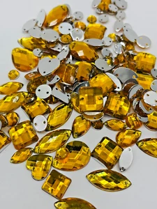 150 x Mixed Shape Gold Yellow Sew on hole Diamante Gems Rhinestone 4-20mm - Picture 1 of 7