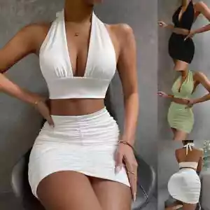 Halter Lace-Up Dress Set - Women's Sexy Pleated Skirt Outfit - Urbane Boujee™ - Picture 1 of 35