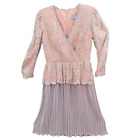 Vintage CI Peach Gray Sparkle Lace Overlay V-Neck Peplum Pleat  Maxi Dress