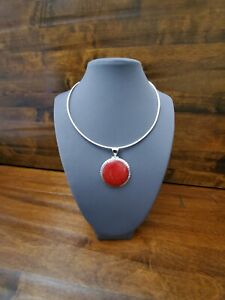 Red Coral Pendant Necklace Vintage Sterling Silver 925