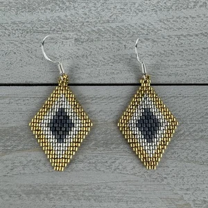 Handmade Beaded Diamond Earrings Silver Gold Dark Gray Drop Dangle Boho Jewelry - Picture 1 of 4