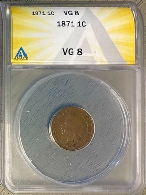 1871 Indian Head Cent, ANACS VG-8, Scarce Date! - Image 1 of 2
