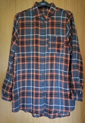 Ladies Long Sleeved Long Line Check Shirt. Size 12. Gray/Orange/White. - Image 1 of 2
