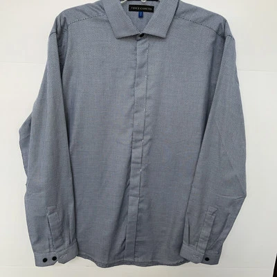 Men’s Large Vince Camuto White And Navy Speckled Dress Shirt Hidden Buttons  - Image 1 of 4