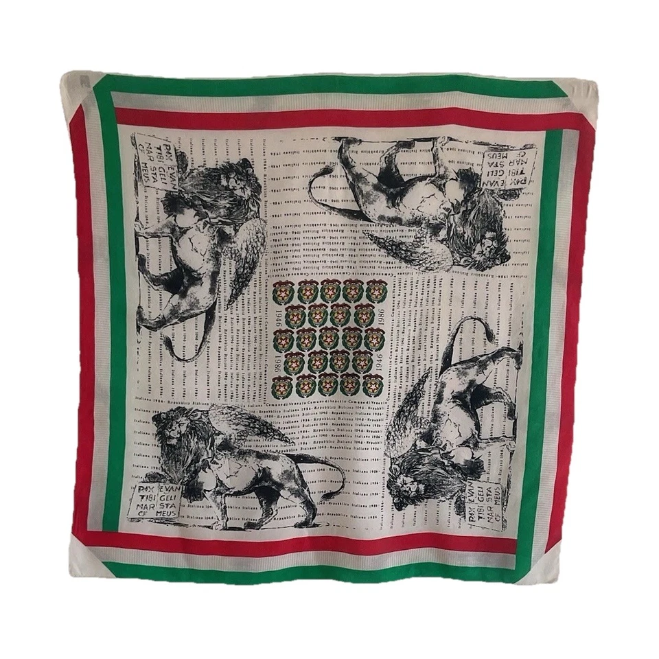 "Una HERMOSA bufanda blanca de seda con borde de bandera italiana y diseño de leones voladores 33""/35"" CE" Foto 1 de 4