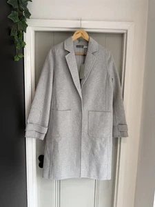 Abrigo midi gris mezcla lana acabado a mano terciopelo talla pequeña Reino Unido 8-10 como nuevo - Imagen 1 de 12