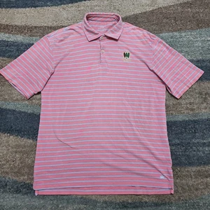 Peter Millar Pine Valley Golf Club Polo Shirt Large Pink Blue Stripe Crown Logo - Picture 1 of 8