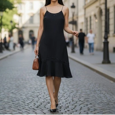 Vestido de fiesta de carrera cóctel negro LBD con cuentas talla 12 silueta forrado de poliéster Foto 1 de 4