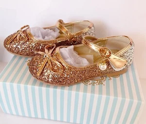 Girls Kids Flat Dress Shoes Size 9 Golden Shiny Princess Wedding Party Beaded - Picture 1 of 11