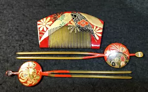 Juego de 3 adornos de cabello kimono rojo vintage japonés Kushi Kushi #1104-2 - Imagen 1 de 10