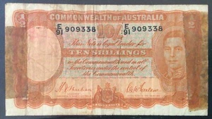 1945 AUSTRALIA PAPER MONEY - 10 SHILLINGS SHORT SNORTER BANKNOTE! - Picture 1 of 2