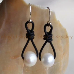 9-10mm White Natural Freshwater Pearl Leather Rope Dangle Silver Hook Earrings - Picture 1 of 6