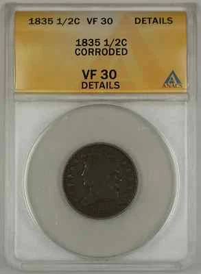 1835 Classic Head Half Cent Coin ANACS Corroded VF-30 Details - Image 1 of 2