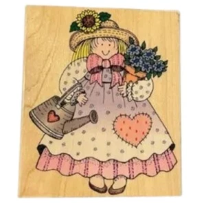 Sello de goma montado en madera Hero Arts 1996 vintage "Garden Gal" - Imagen 1 de 6