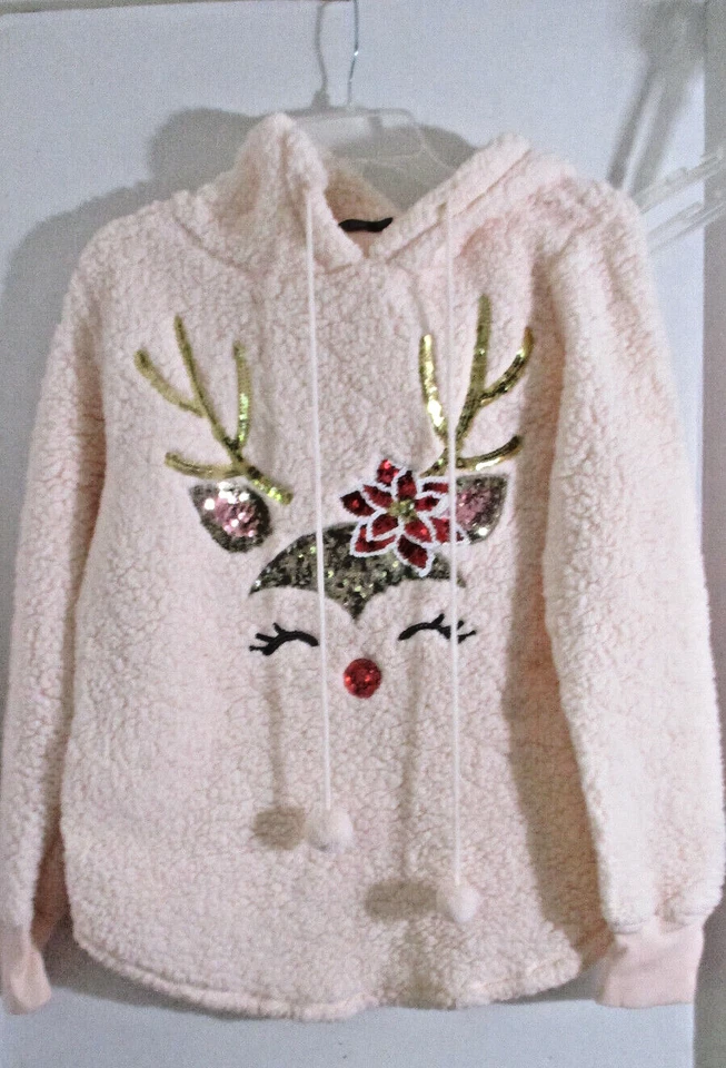 THIRD WISH Pink REINDEER Pull Over SHERPA HOODIE Women's Medium - Image 1 of 4