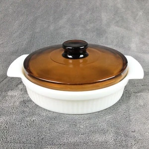 Fire King Casserole Baking Dish 1 Qt White Milk Glass Ribbed w/ Amber Lid VTG - Picture 1 of 12