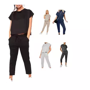 Mujer Estampado de Dientes de Perro Y Ropa de Salón Cuadrada Lisa 2 Piezas Top y Pantalones Co-ord Sui - Imagen 1 de 7