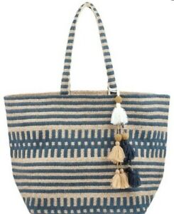 Monsoon Accessorize Willow Woven Beach Tote Bag Bnwt Navy Ivory Tassel 
