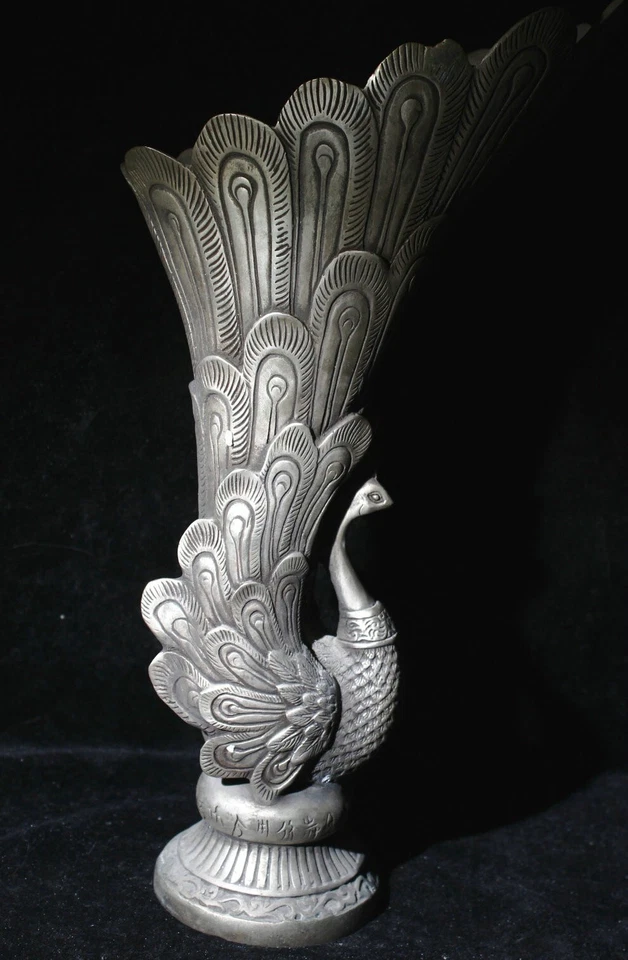 旧瓷青铜银雕像风水凤凰花花瓶雕像 — 第 1/4 张图片