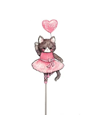 Decoración de pastel hecha a mano con acuarela bailarina gatito gato en tutú rosa  Foto 1 de 4