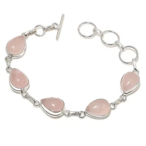 Rose Quartz Gemstone Handmade 925 Sterling Silver Jewelry Bracelet Size 7-8" - Picture 1 of 1