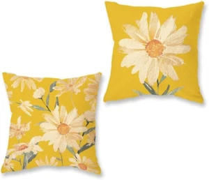 Sommer Gänseblümchen Kissenbezüge 18 x 18 Zoll 2er Set Bauernhaus Gelb Aquarell Neu - Bild 1 von 6