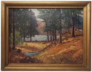 MALINA A CROMBIE (AMERICAN 1930-2004) 1954 O/B 'CONCORD RIVER THROUGH THE PINES' - Foto 1 di 12