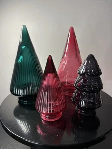 Set 4 Target Glass Christmas Trees Green Smokey Gray Cranberry Pink Mantel Decor - Picture 1 of 12