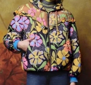 Celia B Jacke XS schwarz gelb rosa Blumen Kapuze Puffer - Bild 1 von 6