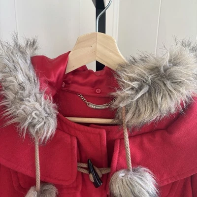 JUICY COUTURE женщин M переключатель пом Pom шерстяная смесь съемный искусственного меха капюшон красный пальто - Изображение 1 из 4