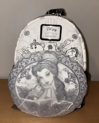 Mini Mochila Loungefly Disney Beauty and The Beast Belle Sketch Preta Branca - Imagem 1 de 4