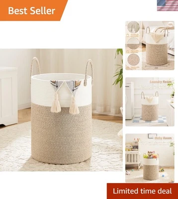 Элегантный 60L тканый хлопок корзина для белья с полосатым узором - идеально подходит для всех комнат - Изображение 1 из 4
