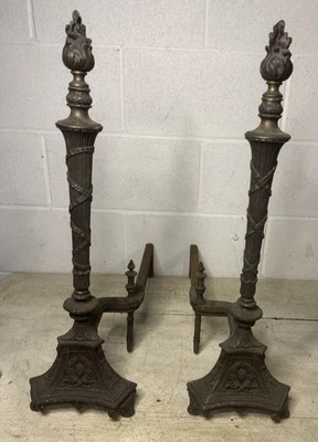 Antique VTG French Empire Style Brass Cast Iron Andirons Ornate Detailed Torch - Image 1 of 4