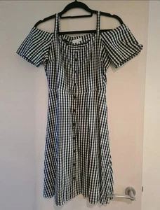 Warehouse Black White Gingham Check Button Shoulder summer midi dress UK 10 - Picture 1 of 3