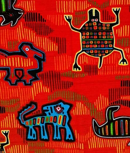 Fabric in Folk Art Mola Pattern Textured Bright Colors Turtle Animals 1 yd - Picture 1 of 6